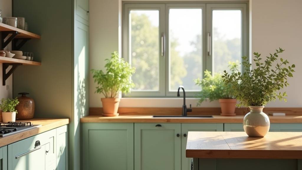 Cuisine verte avec îlot en bois massif, suspensions en bois clair et plantes en pot