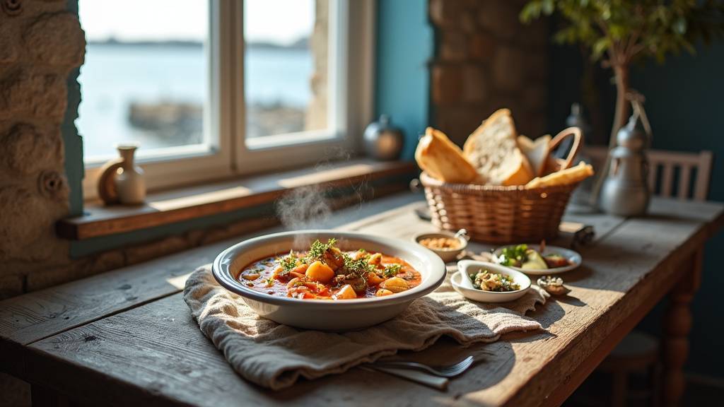 Intérieur chaleureux de l'Effet Mer avec tables en bois et décoration maritime